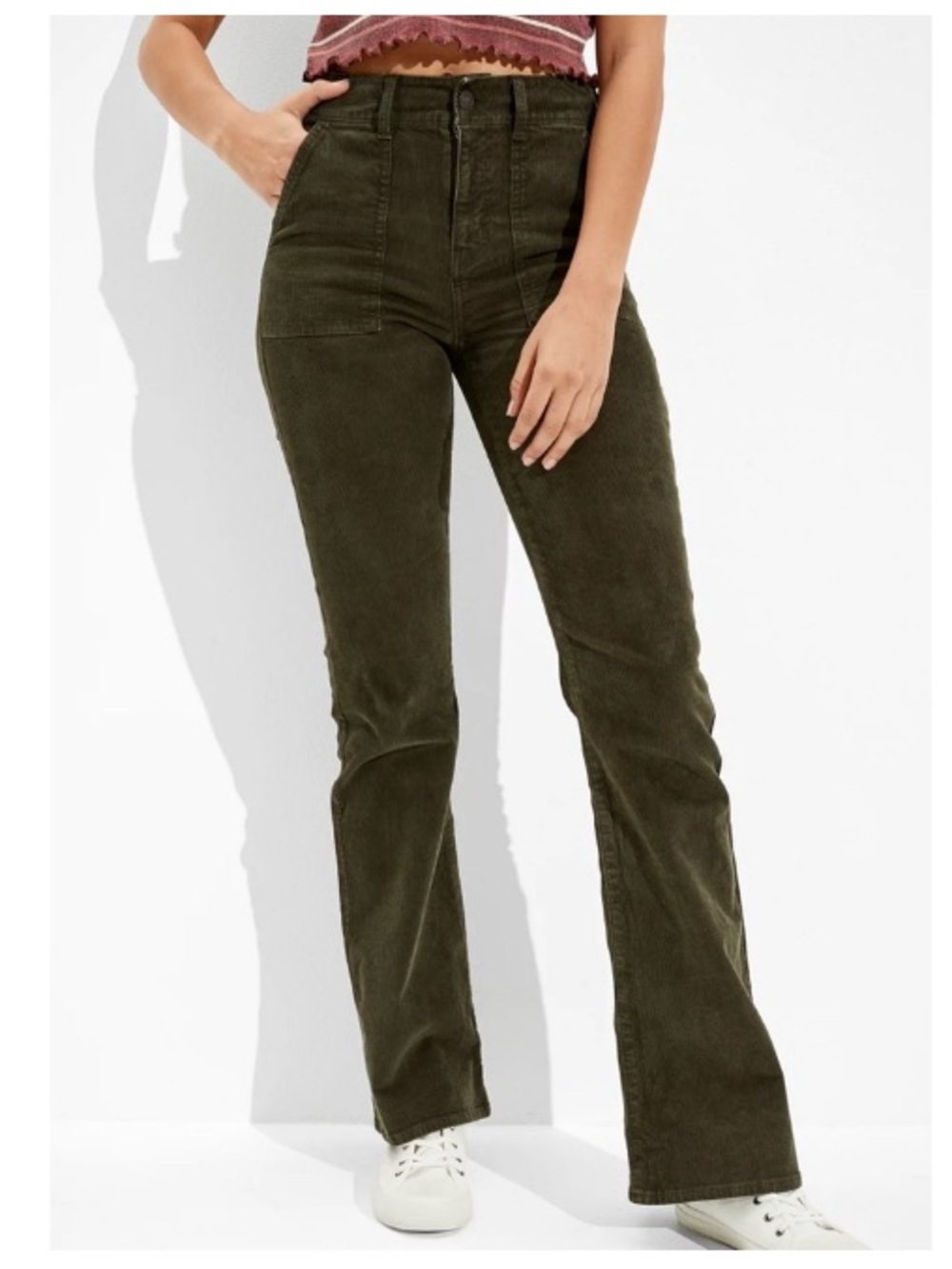 American Eagle Corduroy Super High Rise Flare Pants Preppy 90s Green 10